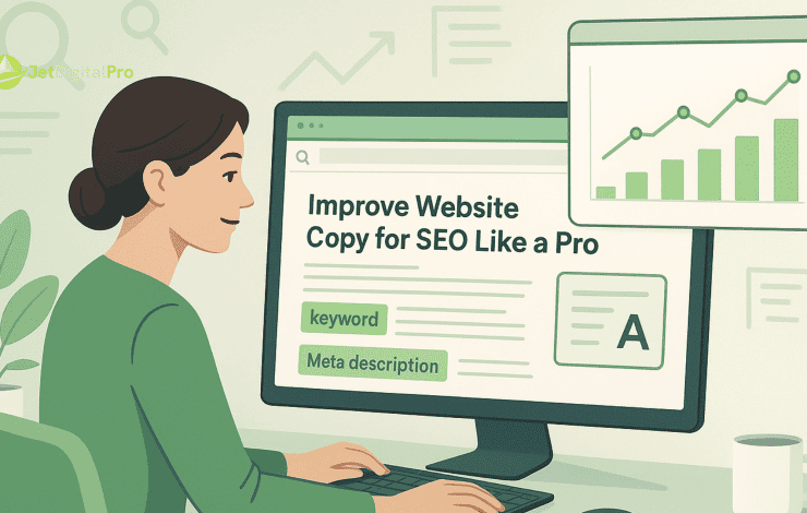 “Illustration of a person working on a computer to improve website copy for SEO, with graphs and icons in the background”.