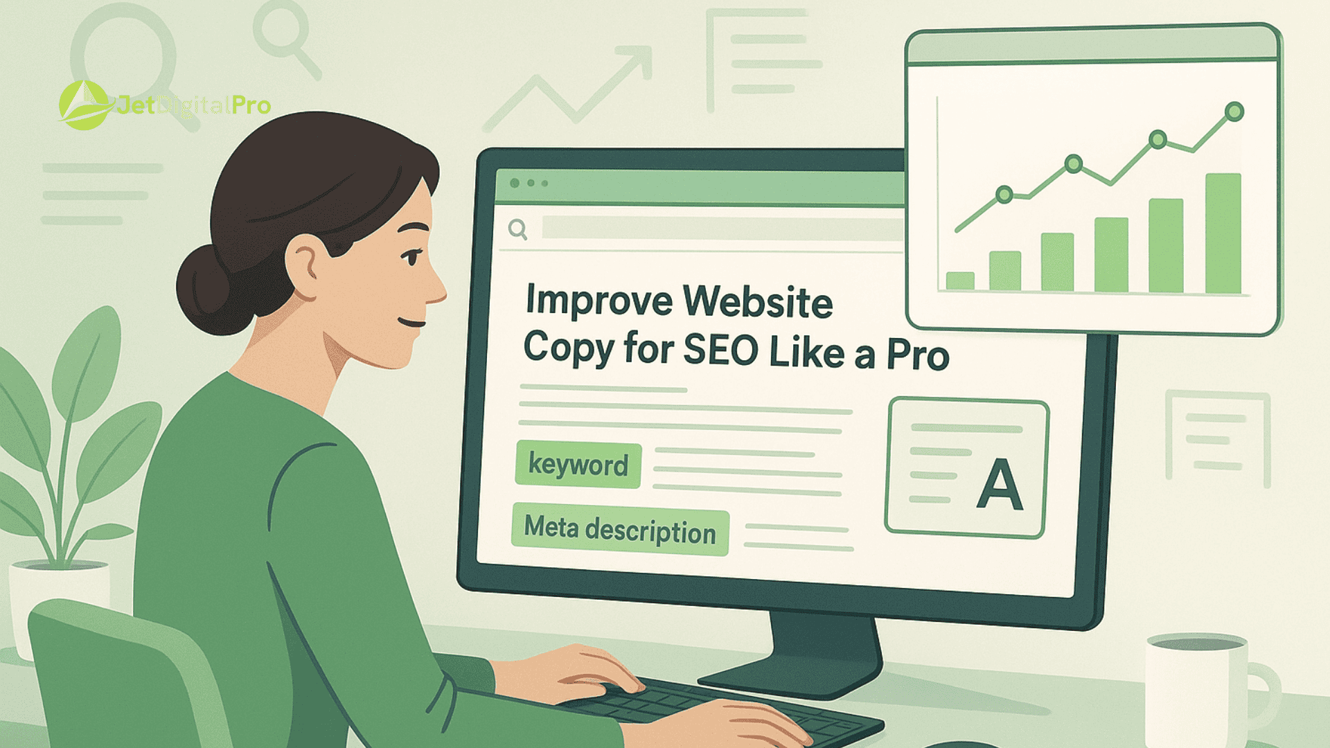 “Illustration of a person working on a computer to improve website copy for SEO, with graphs and icons in the background”.