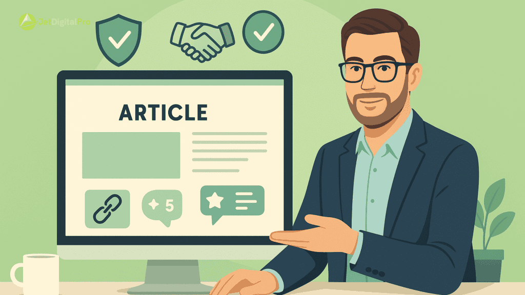 “Illustration of a man in a suit presenting information about an article, highlighting the importance of long-form content for SEO”.