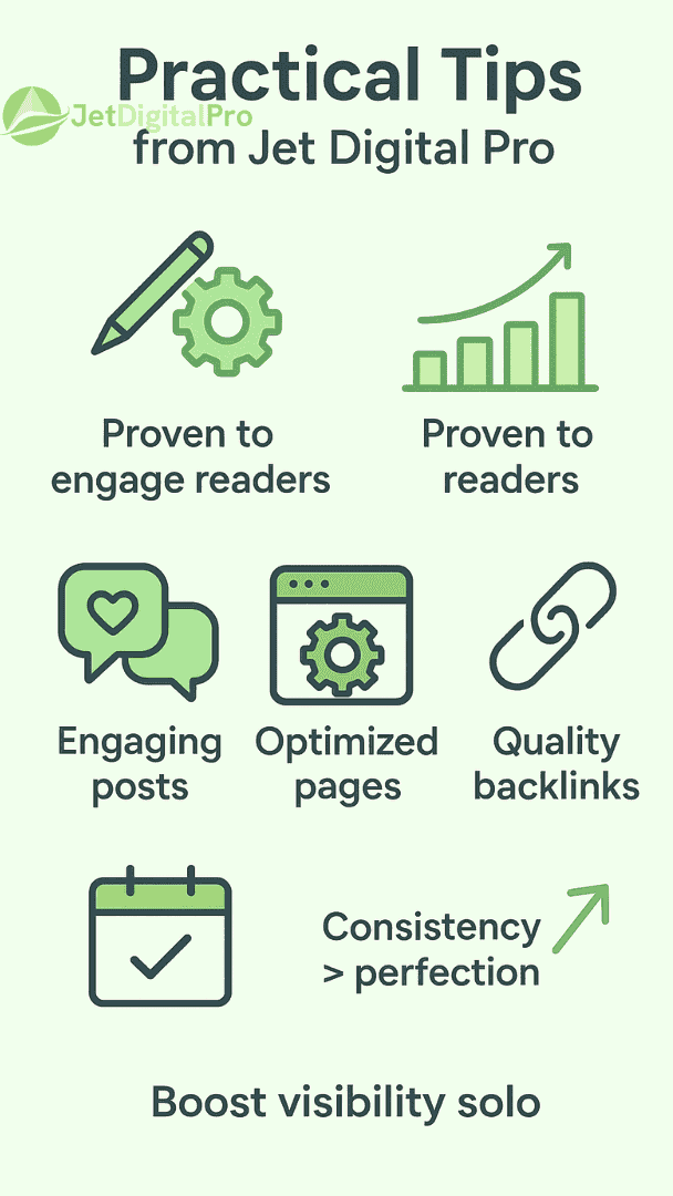 “Illustration showcasing practical SEO tips from Jet Digital Pro, including engaging content, optimized pages, quality backlinks, and consistency, to improve website copy for SEO”.