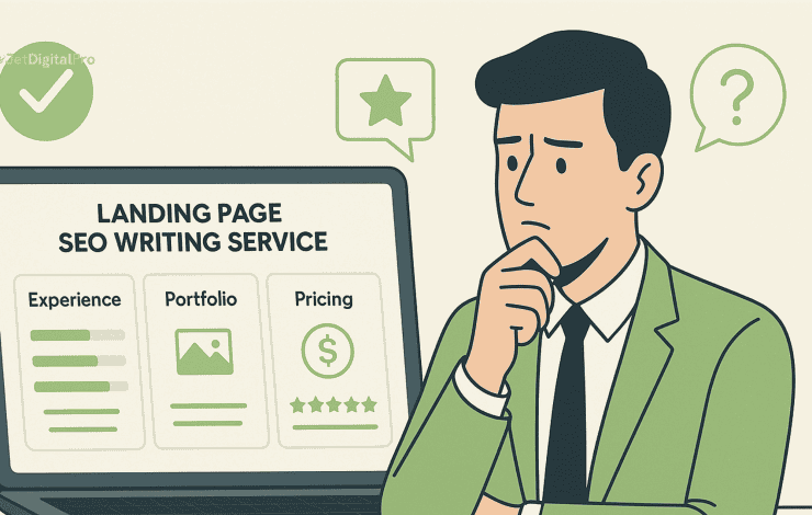 “Landing page SEO writing service with details on experience, portfolio, and pricing to help convert visitors”.