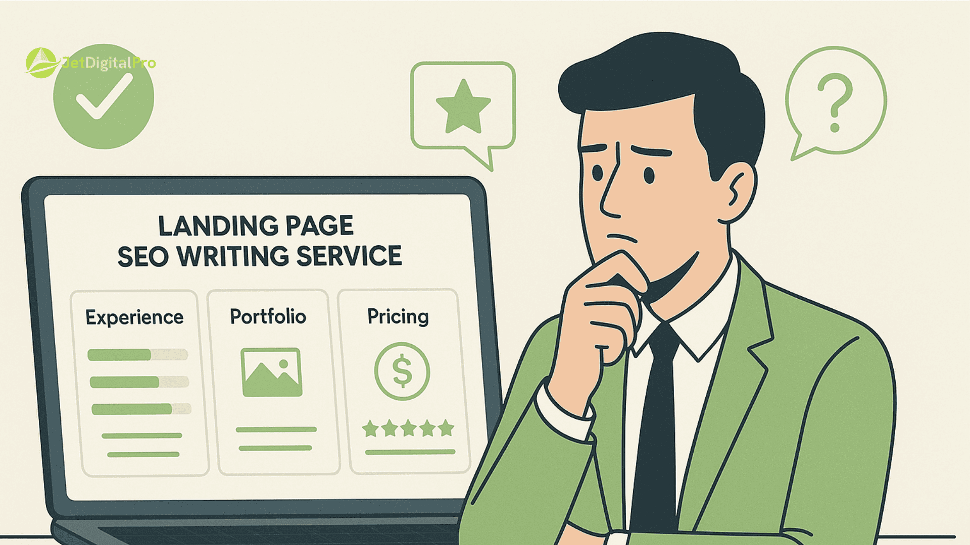 “Landing page SEO writing service with details on experience, portfolio, and pricing to help convert visitors”.