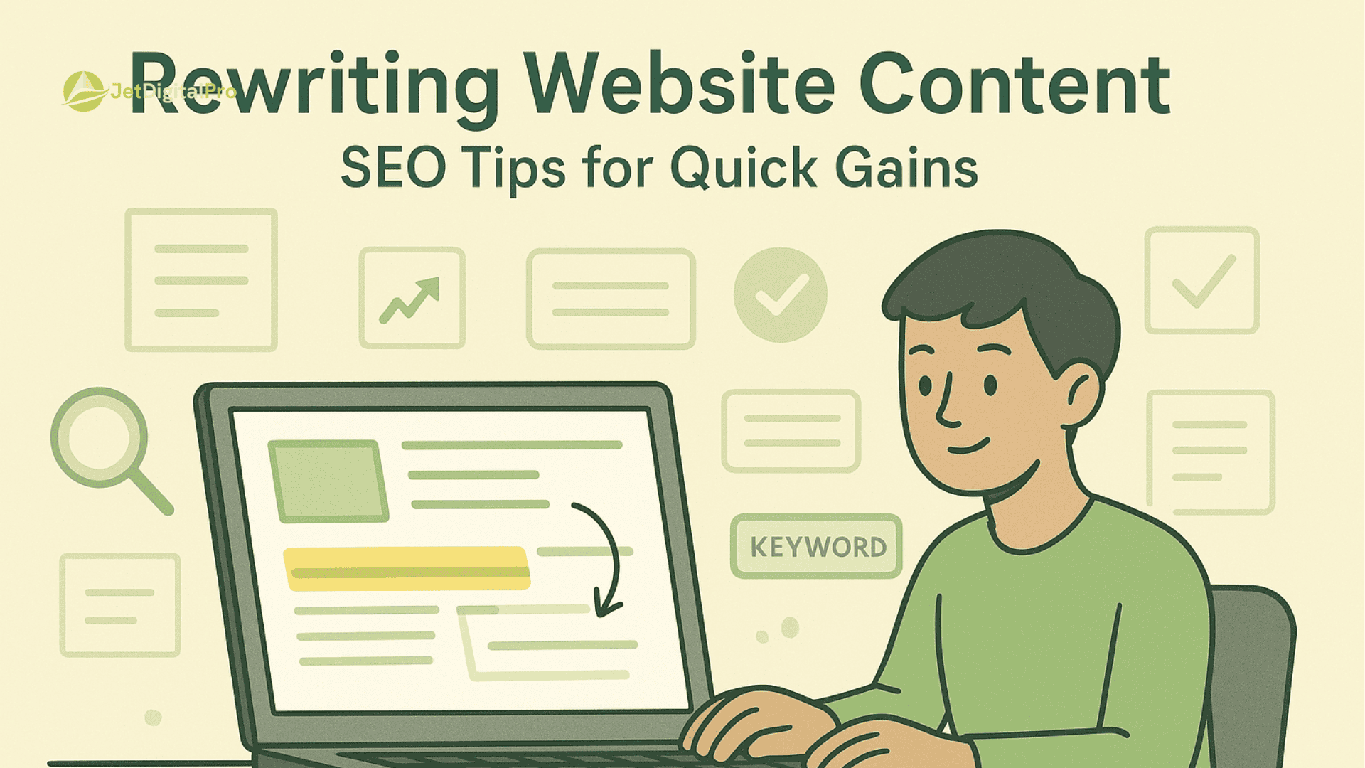 “Rewriting website content for SEO tips to achieve quick gains, showcased through an illustration”.