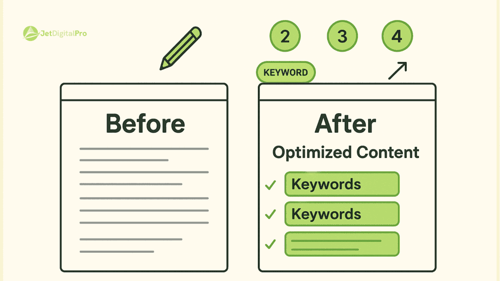 “Comparison of website content before and after optimization, highlighting the inclusion of relevant keywords for SEO improvements”.