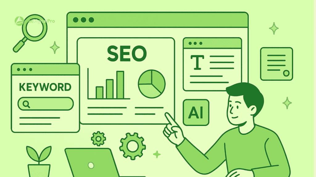 “Illustration showcasing SEO tools and techniques for optimizing website content, including keywords, analytics, and AI powered content creation”.