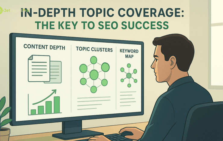“An illustration showing a man examining a computer screen that displays information about in-depth topic coverage, topic clusters, and keyword mapping as keys to SEO success”.