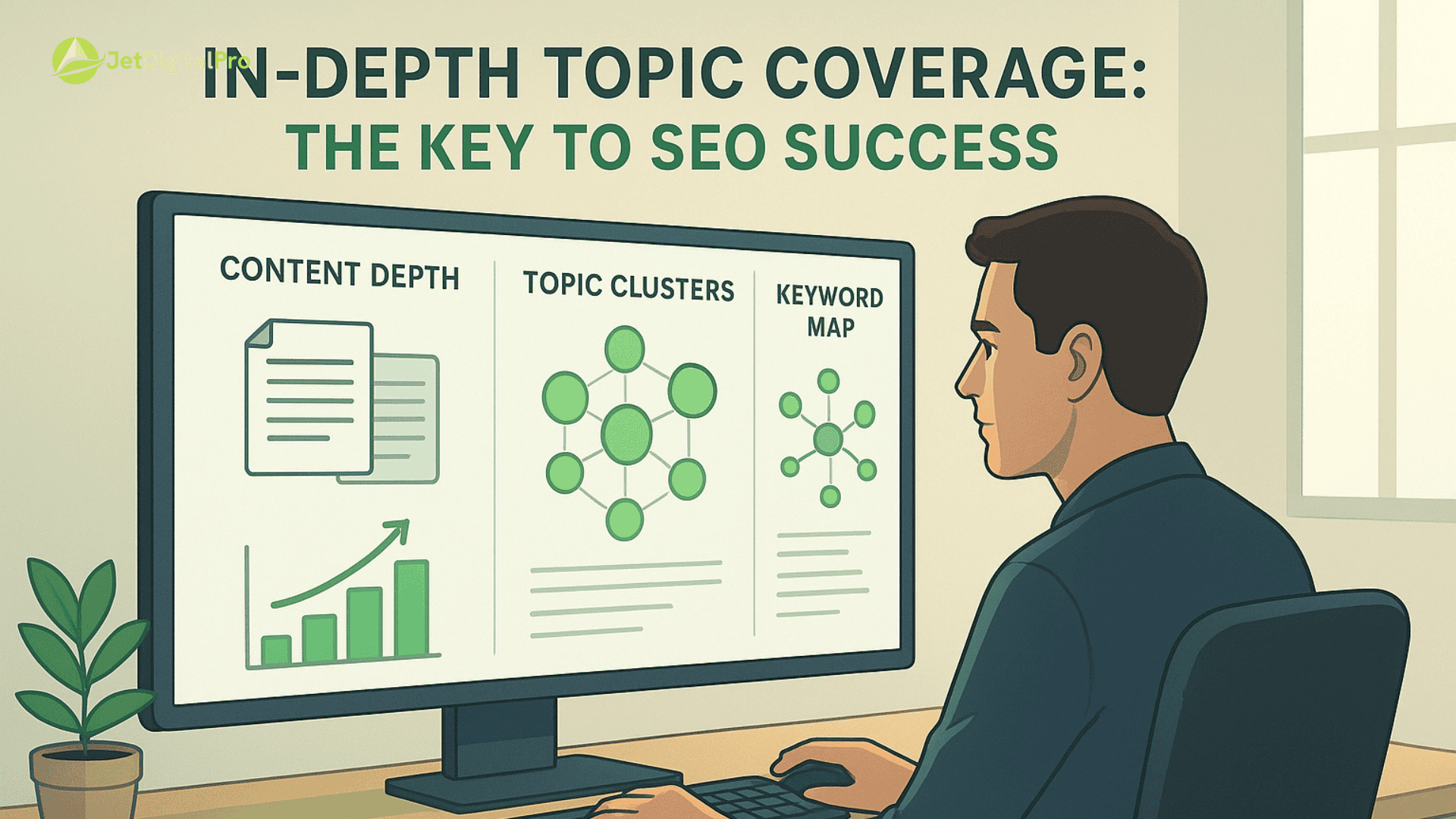 “An illustration showing a man examining a computer screen that displays information about in-depth topic coverage, topic clusters, and keyword mapping as keys to SEO success”.