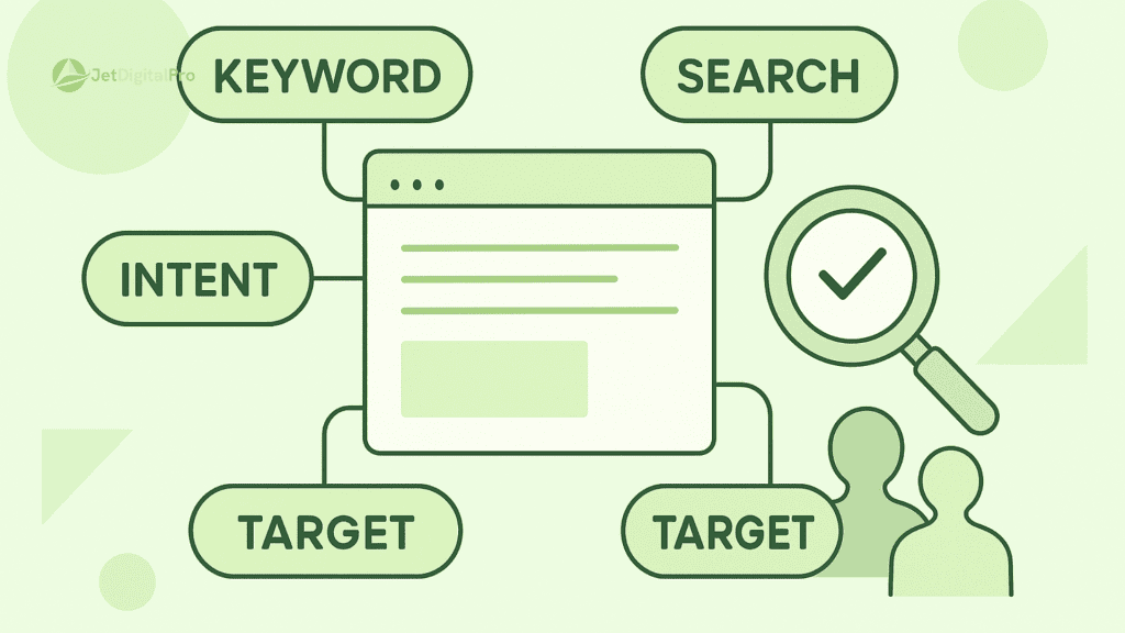“Illustration of SEO framework with keywords, search, intent, and target concepts to optimize website content for quick results”.
