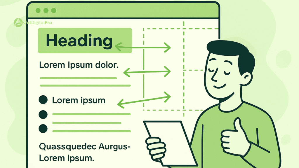 “Illustration of a web page layout focusing on optimizing the page's heading and content to improve search engine visibility and user engagement”.