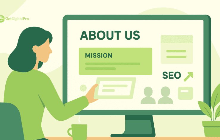 “Writing an SEO friendly About Us page that converts, focusing on mission, SEO optimization, and user engagement”.