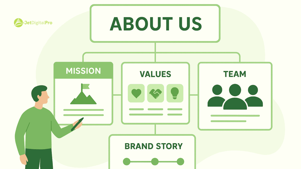 “Crafting an SEO friendly About Us page showcasing company mission, values, team, and brand story to convert visitors”.