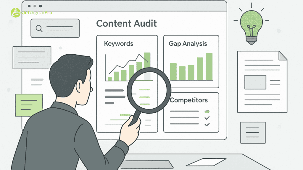 “A man conducting a content audit, analyzing keywords, gap analysis, and competitor information - key elements for in-depth topic coverage and SEO success”.