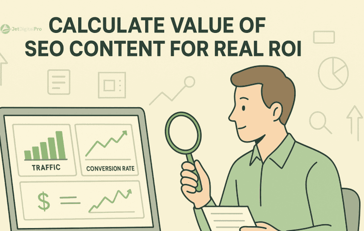Illustration showing a man analyzing SEO content metrics like traffic and conversion rate to calculate the real ROI value.