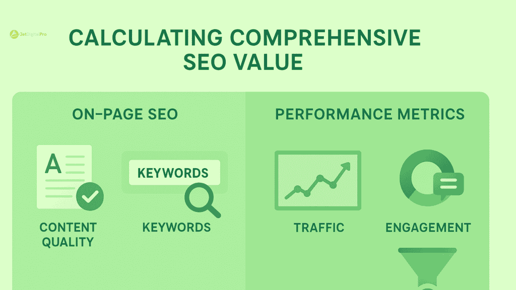 Infographic showing factors to consider when calculating the comprehensive value of SEO, including on-page SEO and performance metrics like traffic and engagement.