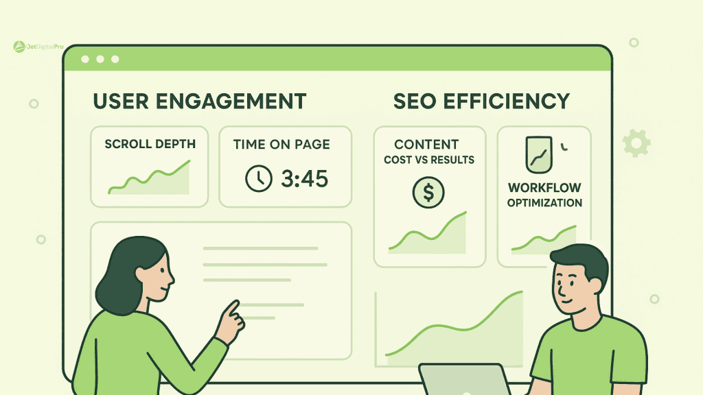 Infographic highlighting key metrics to evaluate SEO efficiency and user engagement, including content cost vs. results, workflow optimization, and time on page.