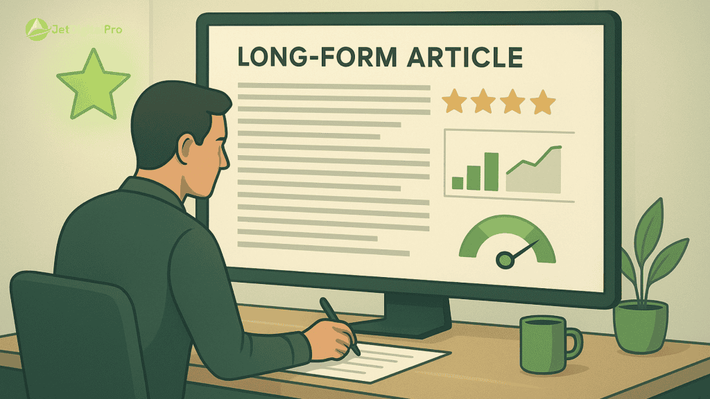 “A man reviewing a long-form article, with data and analytics displayed, highlighting the importance of in-depth topic coverage for SEO success”.