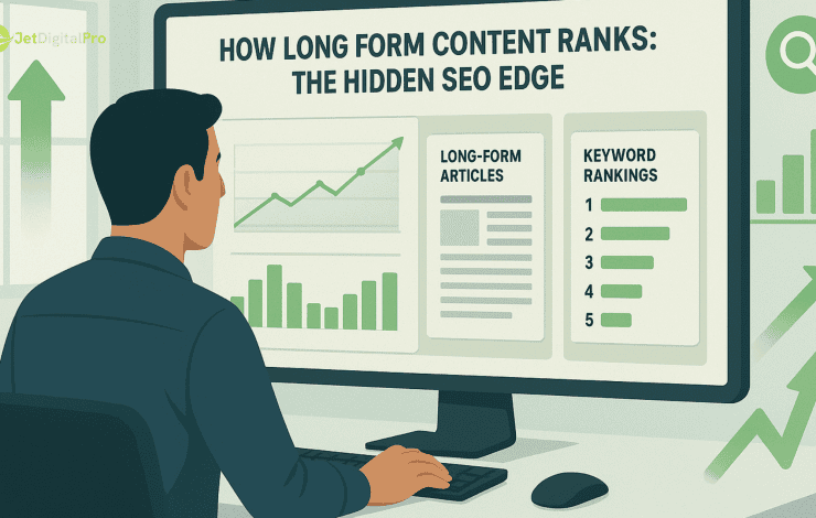 “An illustration showing a man working at a computer with a presentation on the screen highlighting the importance of long-form content for SEO rankings”.