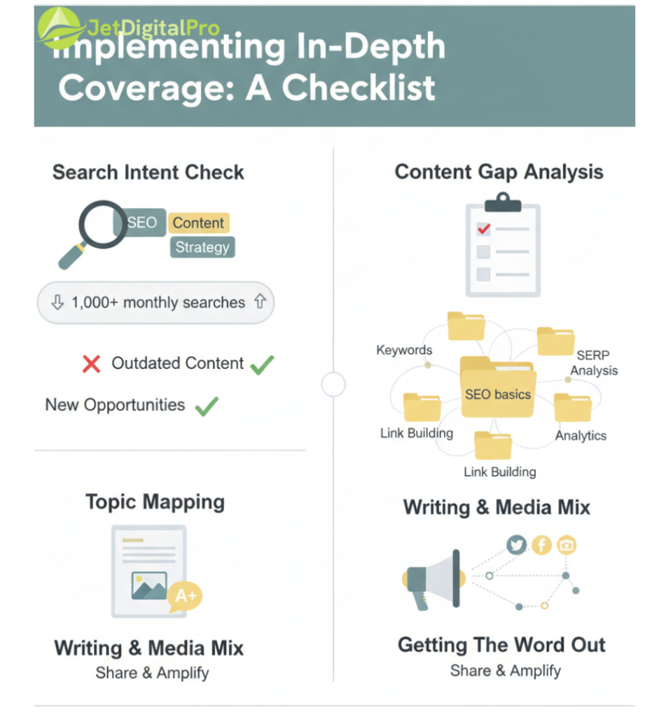 "A comprehensive checklist for implementing in-depth topic coverage, including search intent analysis, content gap identification, and strategies for writing and promotion."