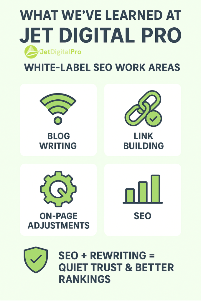 “Infographic highlighting Jet Digital Pro's white label SEO work areas, including blog writing, link building, on page adjustments, and SEO all contributing to quiet trust and better rankings”.