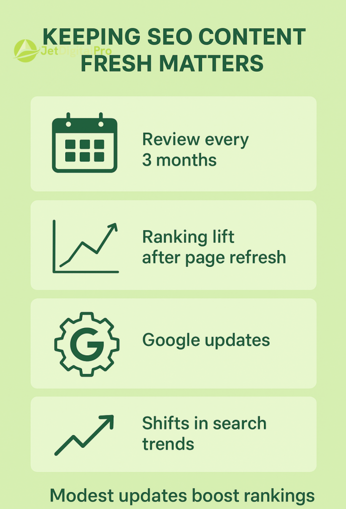 “Infographic highlighting key SEO content maintenance practices like periodic reviews, ranking updates, and adapting to search trends for quick wins”.