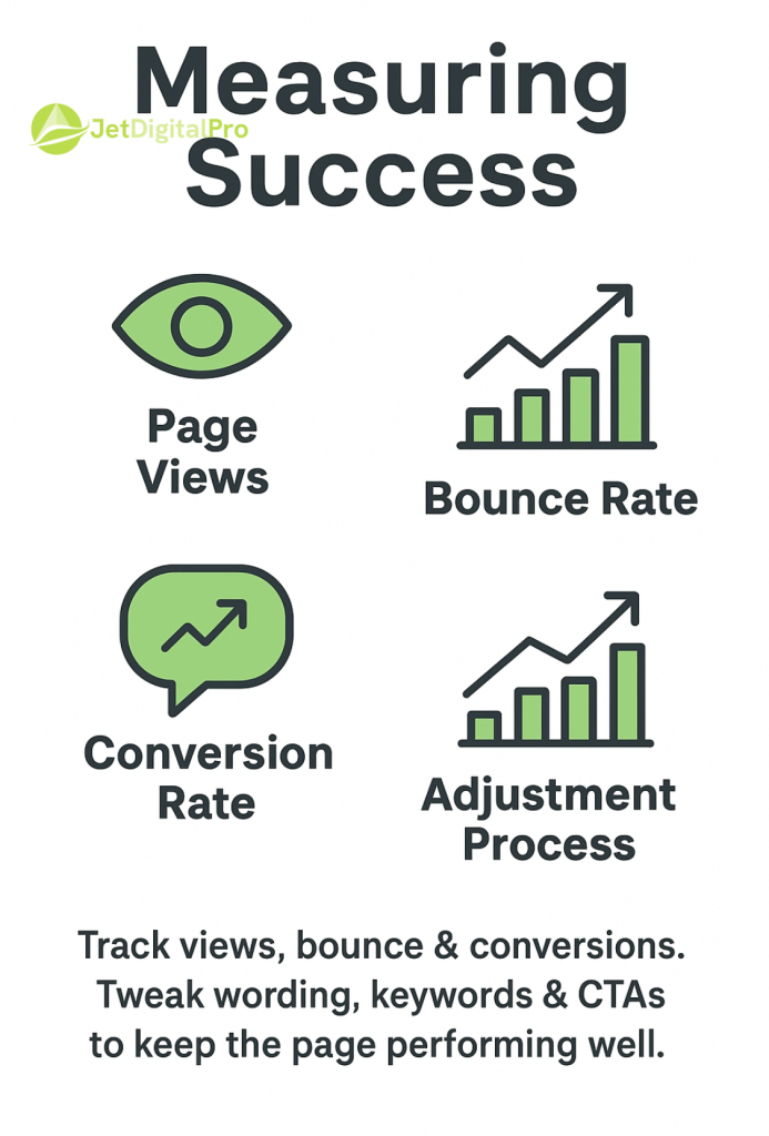 “Measuring success through page views, bounce rate, conversion rate, and adjustment process to improve performance”.