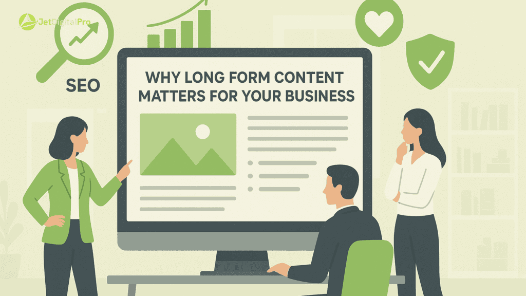 “A businessman analyzes data on a computer screen, highlighting how long-form content provides an SEO edge through rankings and articles”.