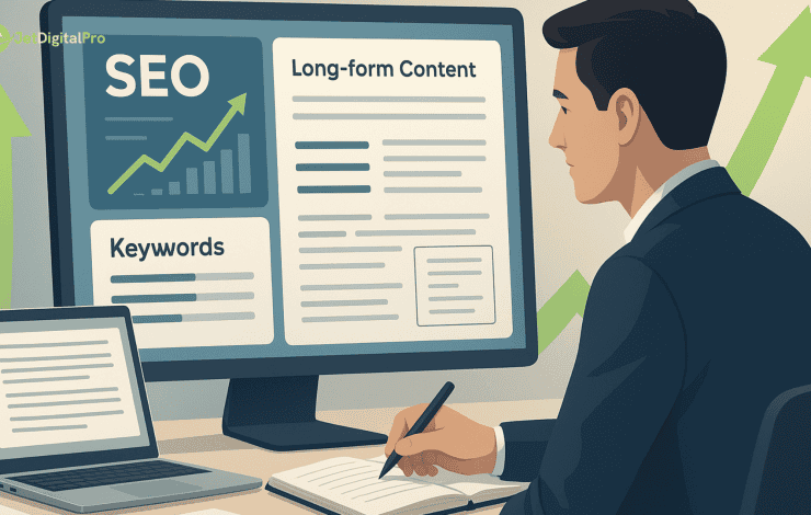 “A businessman working on a laptop, with a large monitor displaying SEO metrics and long-form content writing services”.