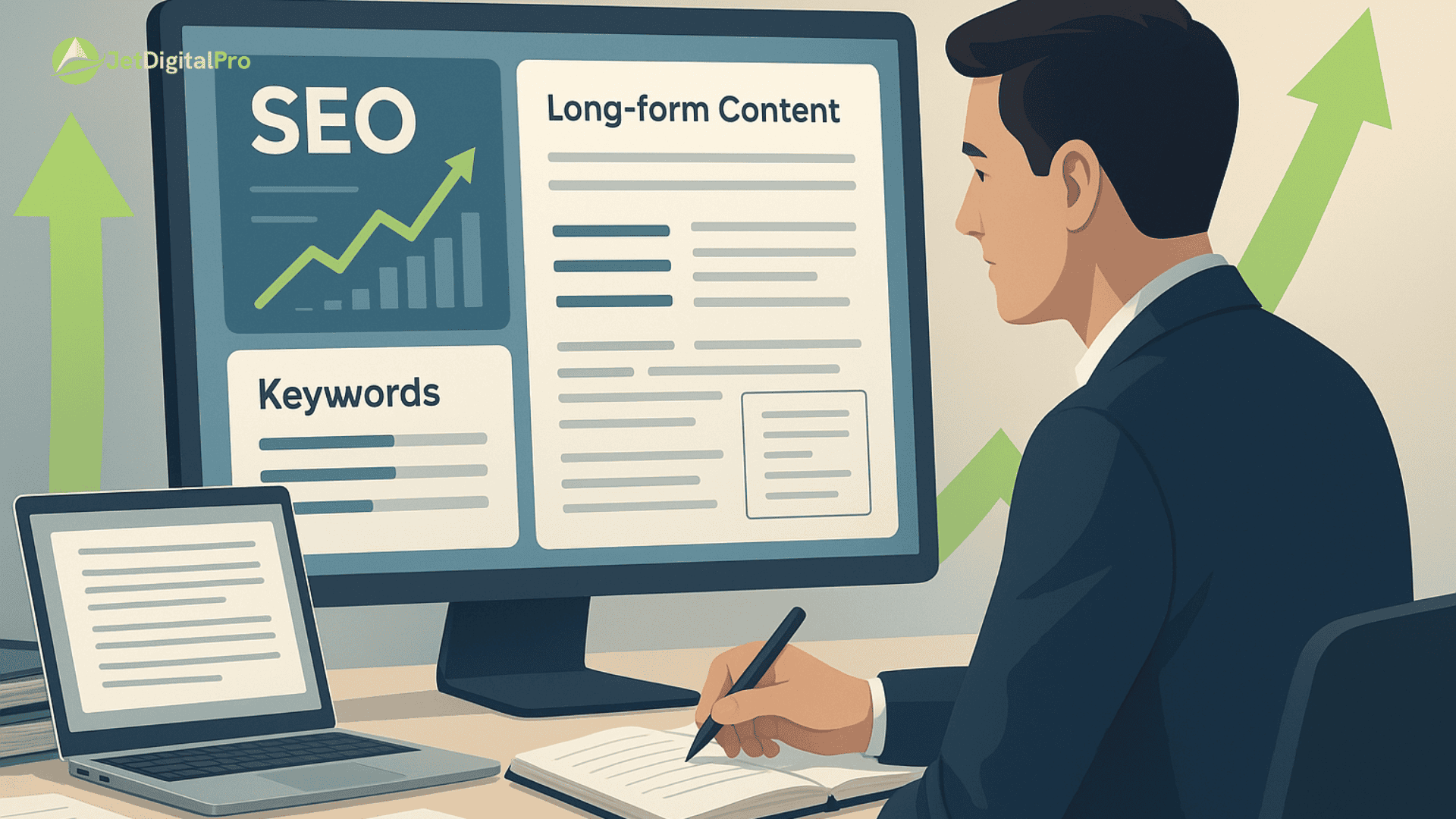 “A businessman working on a laptop, with a large monitor displaying SEO metrics and long-form content writing services”.