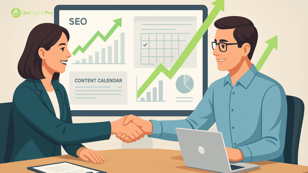 “Two professionals shake hands in front of a display showing SEO metrics and a content calendar, representing a partnership for top-tier long-form content writing services”.