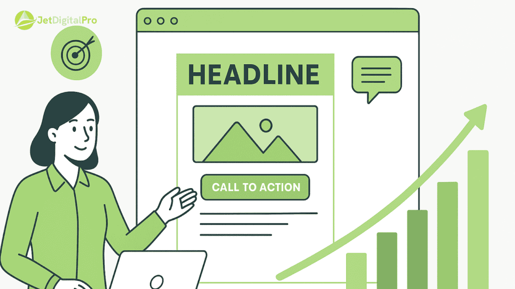 “Illustration of a person writing SEO optimized website content to attract higher Google traffic and visibility”.