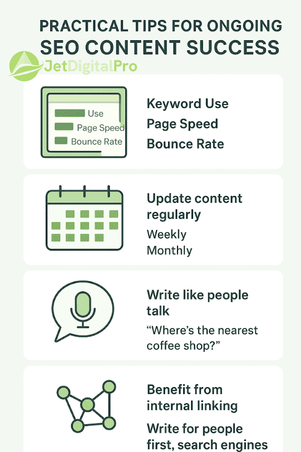 “Illustration highlighting practical tips for creating SEO-optimized website content to drive higher Google traffic and engagement”.