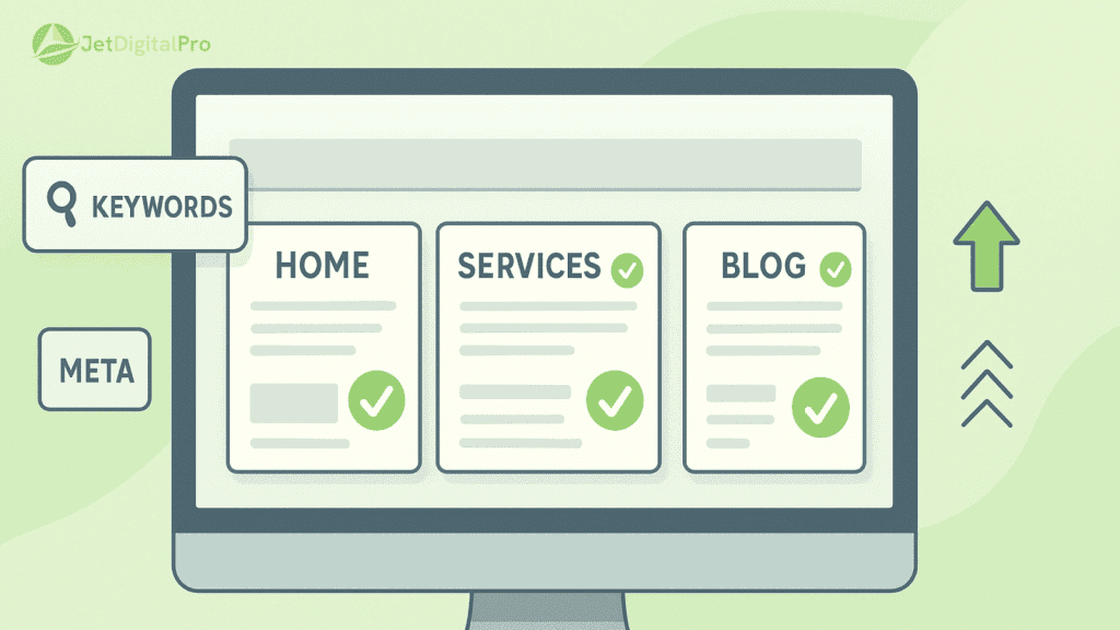 “Illustration of a website interface optimized for SEO, showcasing keyword-targeted content to drive higher Google traffic”