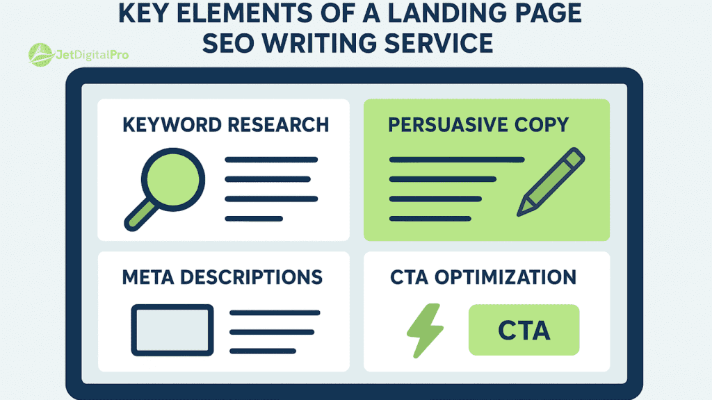“The key components of an effective landing page SEO writing service that drives conversions, including keyword research, persuasive copy, meta descriptions, and CTA optimization”.