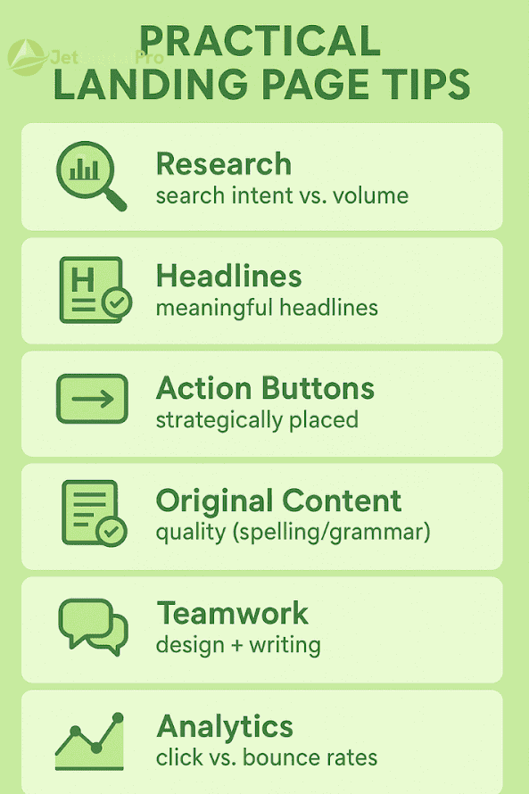 “The image showcases the key components of an effective landing page writing service that drives conversions, including SEO research, compelling copy, and CTA optimization”.