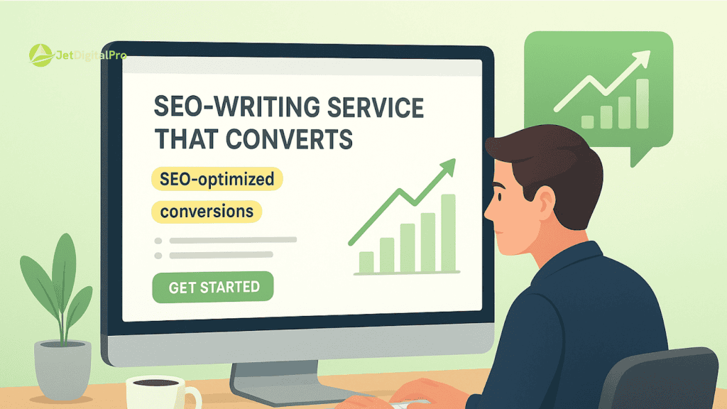 “SEO optimized landing page writing service that drives conversions, showcased on a computer display with performance analytics”.