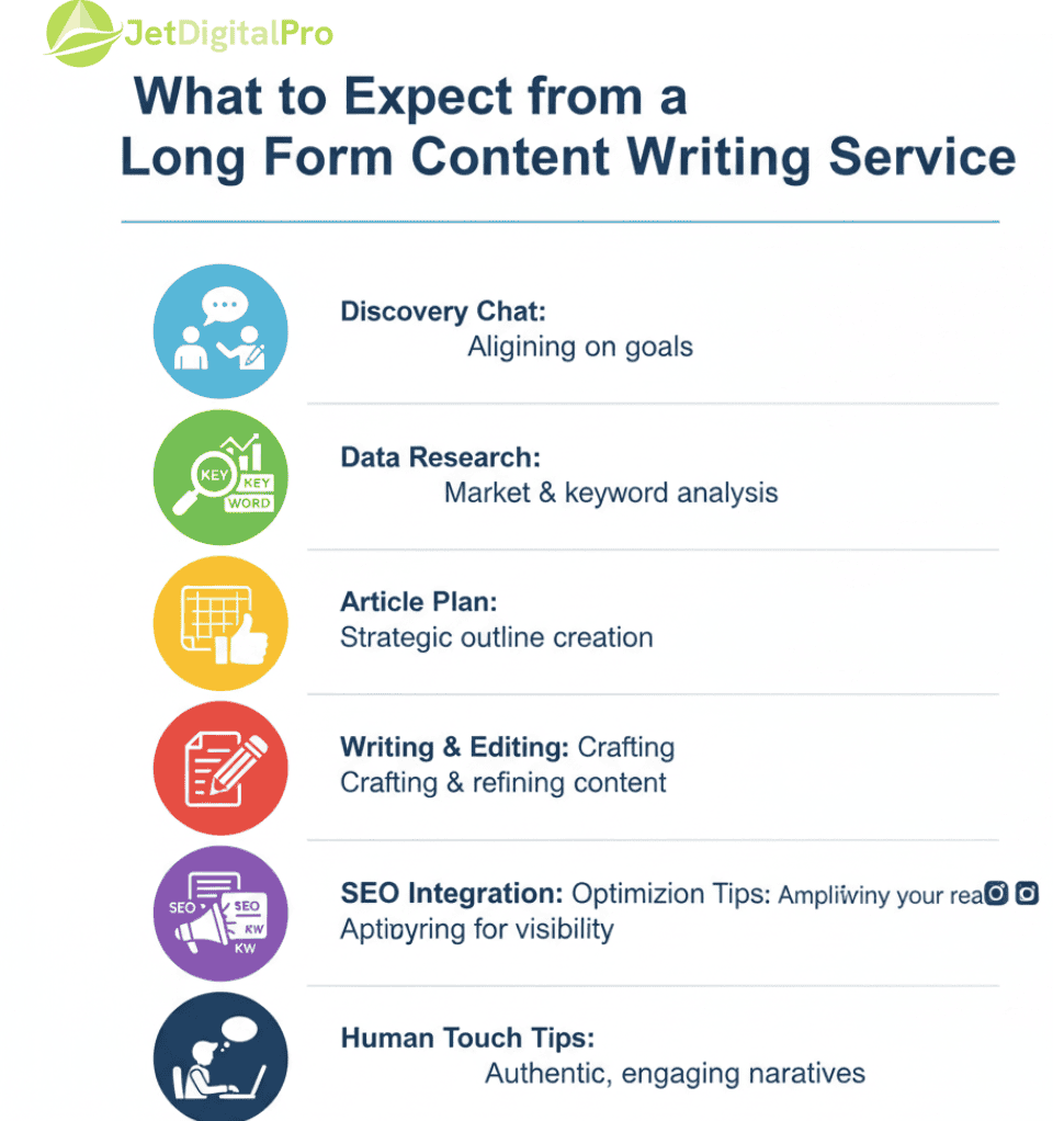 "What to expect from a comprehensive long-form content writing service, including discovery, research, strategic planning, crafting, SEO integration, and human touch."