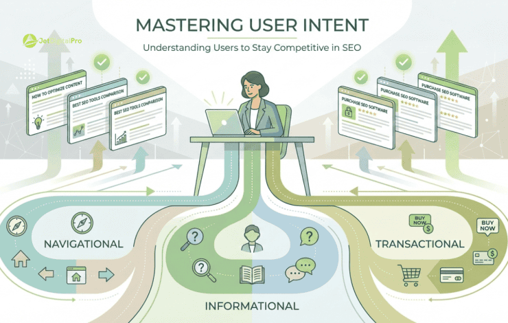 A visual concept showing how staying competitive with SEO writing is achieved by mapping user intent to create content that truly resonates.