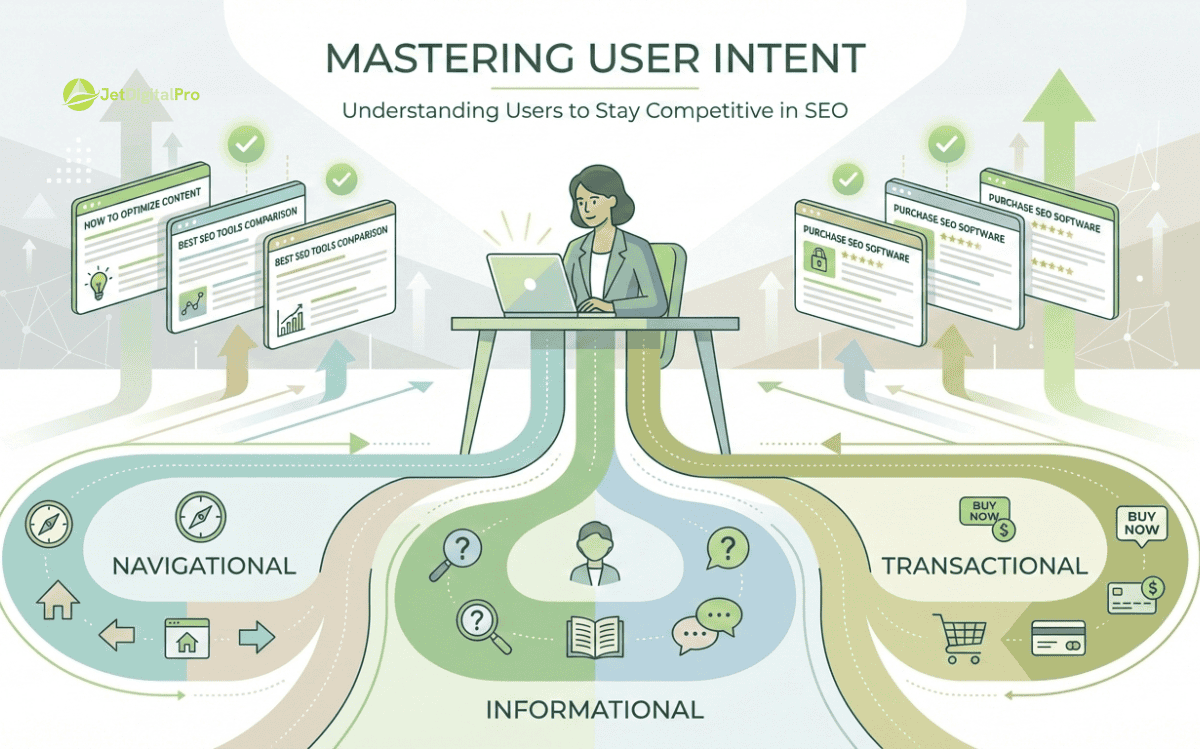 A visual concept showing how staying competitive with SEO writing is achieved by mapping user intent to create content that truly resonates.