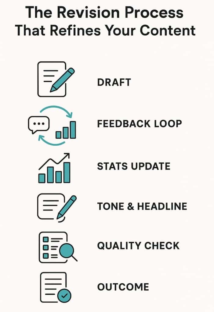 An infographic illustrating the content revision process, with icons for drafting, feedback loops, and performance updates, showcasing the steps involved in refining SEO writing.