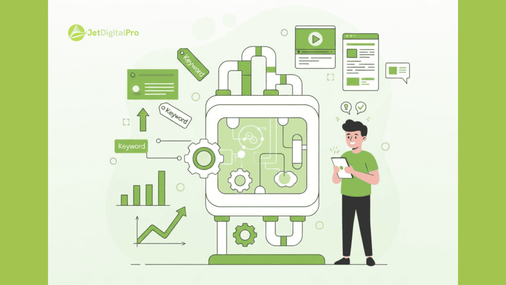 An individual interacts with a device amidst a backdrop of keywords and dynamic graphs, illustrating the intricate mechanics of keyword research in digital marketing.