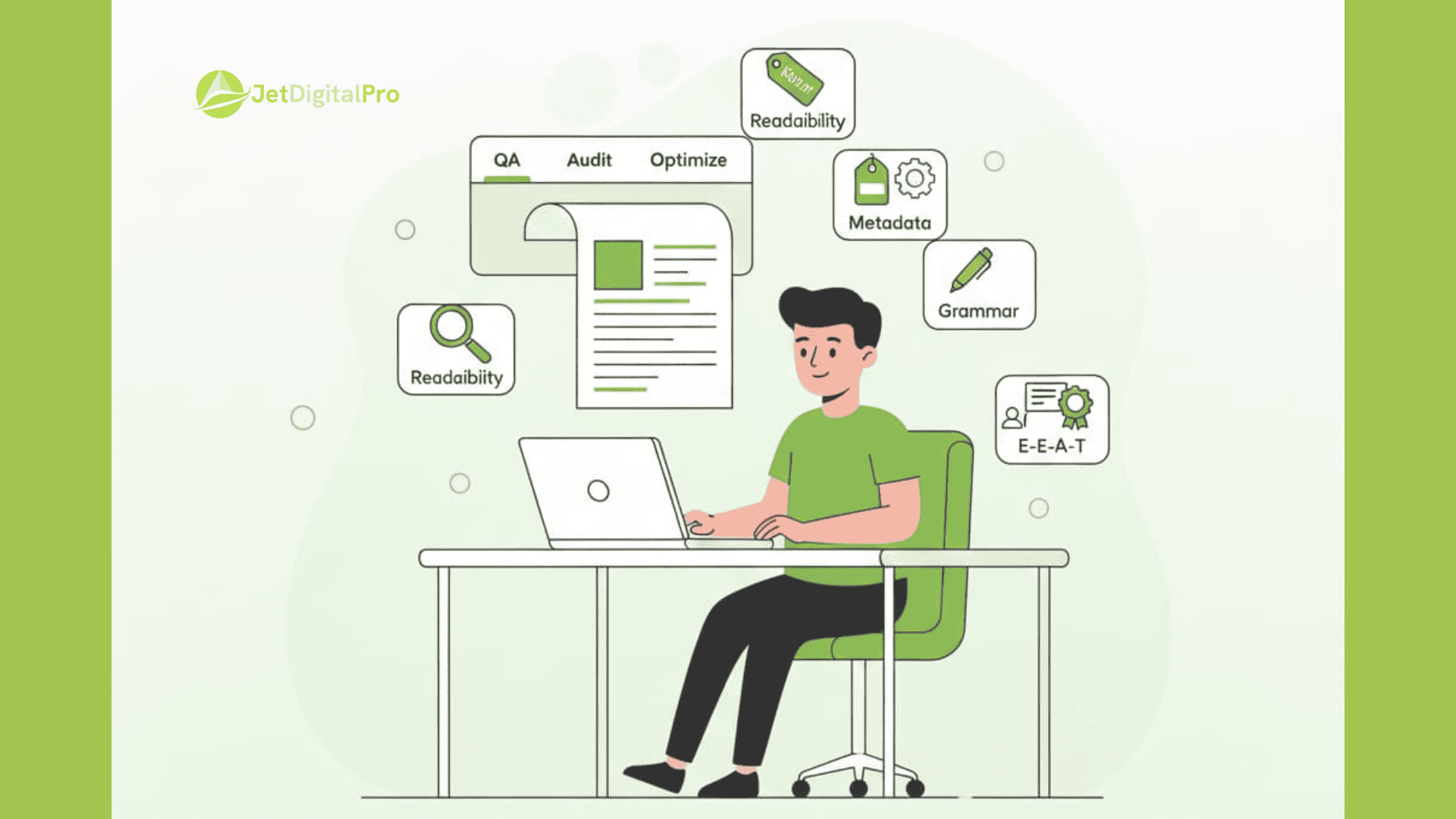 A person analyzes a document on a laptop, surrounded by icons representing quality assurance, optimization, and readability to enhance SEO strategies.