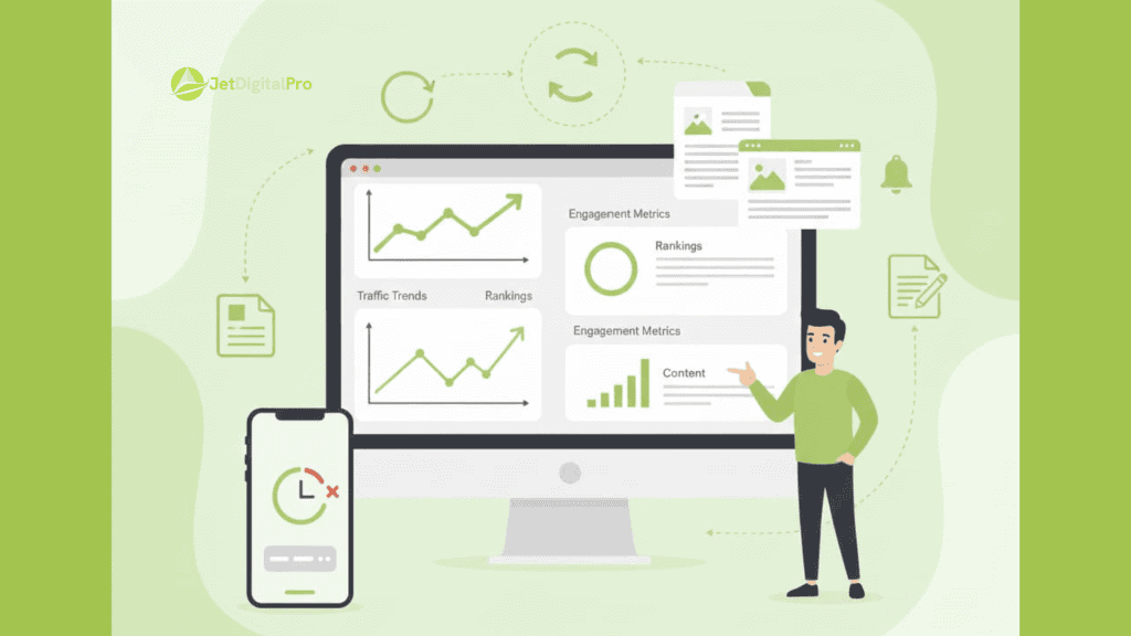 An illustration features a smartphone and desktop displaying analytics, highlighting key SEO factors like traffic trends and engagement metrics for optimization strategies.