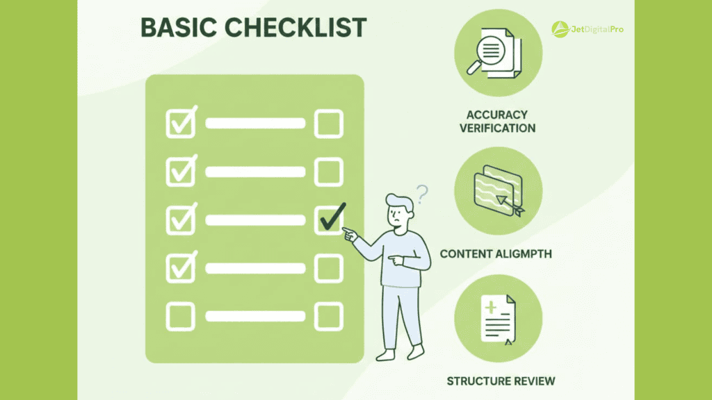 An illustration features a checklist with marked items, focusing on structural review and accuracy verification as essential components of SEO strategy evaluation.