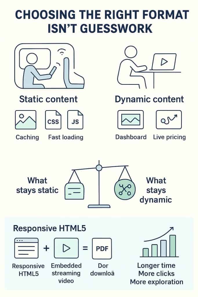 An infographic comparing static and dynamic content delivery, featuring icons representing fast loading and caching for static content versus dashboards and live pricing for dynamic content.