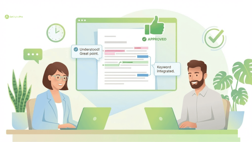 Collaborative revision process: SEO content service team reviewing and approving website updates