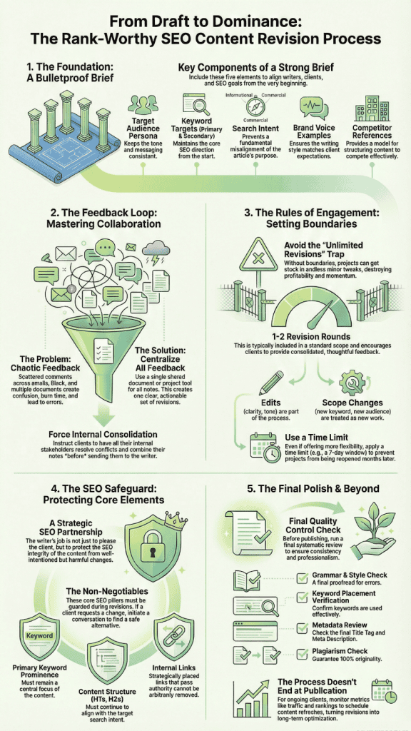 Comprehensive visual guide detailing the essential steps in the SEO content revision process for high-ranking content.
