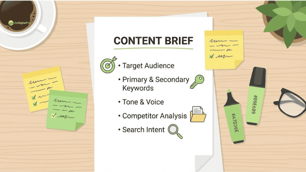 Detailed content brief outlining the key components for an effective SEO-driven content service.