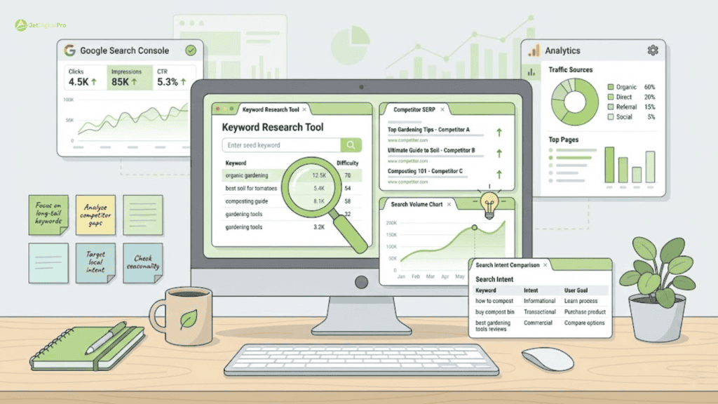 Workspace displaying tools and data for SEO article writing workflow, including keyword research, competitor analysis, and website analytics.