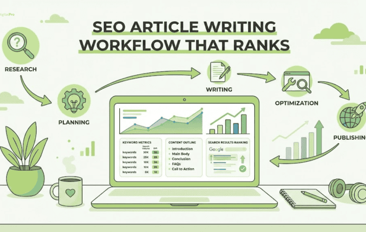 Infographic depicting the step-by-step workflow for writing SEO-optimized articles that rank well.