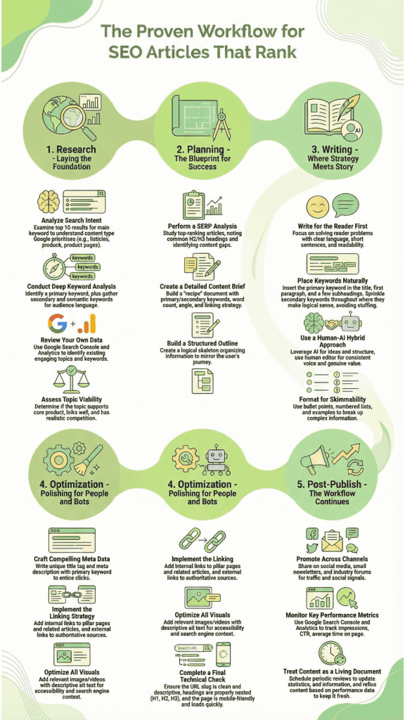 Proven Workflow for Ranking SEO Articles: Visual overview of the key steps in optimizing content for search engine visibility.